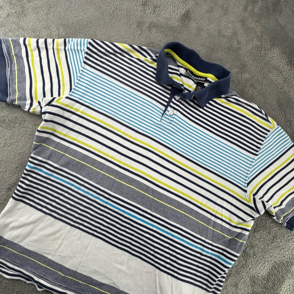 Rocawear Mens Striped Short Sleeve Polo Shirt Navy Blue Yellow Blue Size L